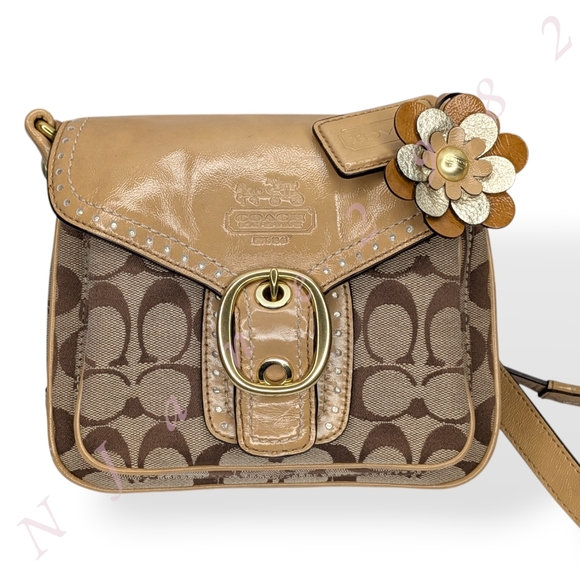 Coach Signature Bleecker Canvas Flap Crossbody Tan Patent Leather Buckle Bag - Picture 1 of 16